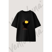 Kara Kedi_2 Tasarım Baskılı Unisex Oversize Kalıp Siyah Tshirt