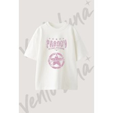 Pardon Star Tasarım Baskılı Unisex Oversize Kalıp Beyaz Tshirt