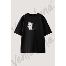 Melek Seytan Kedi Tasarım Baskılı Unisex Oversize Kalıp Siyah Tshirt