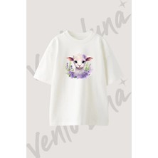 Kuzu Lavanta Tasarım Baskılı Unisex Oversize Kalıp Beyaz Tshirt