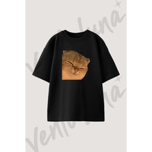 Gulumsyen Kedi Tasarım Baskılı Unisex Oversize Kalıp Siyah Tshirt