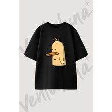 Cartoon Duck_1 Tasarım Baskılı Unisex Oversize Kalıp Siyah Tshirt