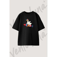 Usa Goose Rocket Tasarım Baskılı Unisex Oversize Kalıp Siyah Tshirt
