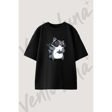 Stoned Raccoon Tasarım Baskılı Unisex Oversize Kalıp Siyah Tshirt