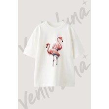 Flamingo Tasarım Baskılı Unisex Oversize Kalıp Beyaz Tshirt