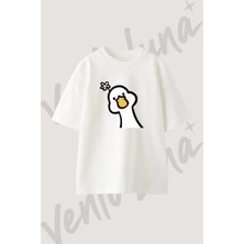 Cizgi Ordek_3 Tasarım Baskılı Unisex Oversize Kalıp Beyaz Tshirt
