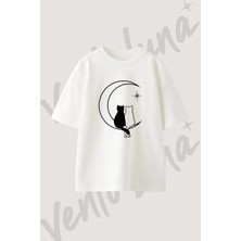 Cats Moon Tasarım Baskılı Unisex Oversize Kalıp Beyaz Tshirt