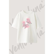 Pink Butterfly Tasarım Baskılı Unisex Oversize Kalıp Beyaz Tshirt