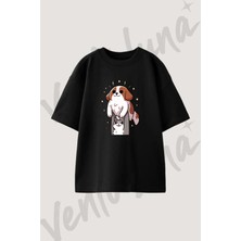 Kedi Kopek_1 Tasarım Baskılı Unisex Oversize Kalıp Siyah Tshirt