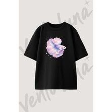 Betta Sakura Tasarım Baskılı Unisex Oversize Kalıp Siyah Tshirt