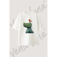 Dinazor Kus Tasarım Baskılı Unisex Oversize Kalıp Beyaz Tshirt