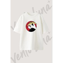 Panda Asian Hat Tasarım Baskılı Unisex Oversize Kalıp Beyaz Tshirt