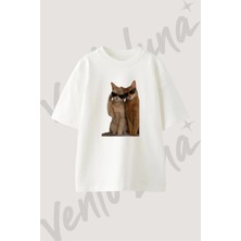 Cool Cats_2 Tasarım Baskılı Unisex Oversize Kalıp Beyaz Tshirt