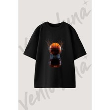 Basketball Splash_1 Tasarım Baskılı Unisex Oversize Kalıp Siyah Tshirt