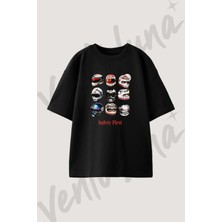 F1 Kasklari Tasarım Baskılı Unisex Oversize Kalıp Siyah Tshirt