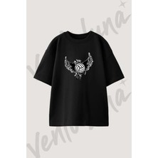 Volleyball Wings Tasarım Baskılı Unisex Oversize Kalıp Siyah Tshirt