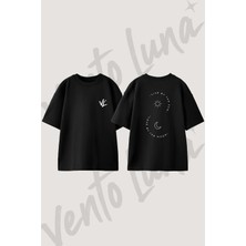 Sun Moon_1 Tasarım Sırt Baskılı Pamuk Siyah Oversize T-Shirt
