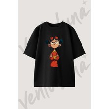 Gozluklu Kiz Tasarım Baskılı Unisex Oversize Kalıp Siyah Tshirt