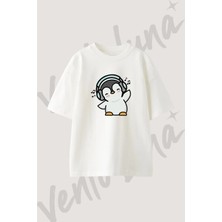 Penguen Kulaklik Tasarım Baskılı Unisex Oversize Kalıp Beyaz Tshirt