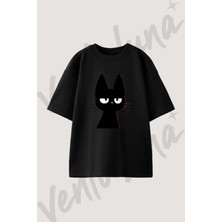 Black Cat_1 Tasarım Baskılı Unisex Oversize Kalıp Siyah Tshirt