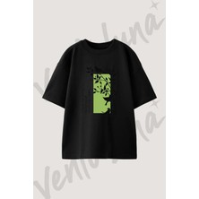 Kuslar Dallar Tasarım Baskılı Unisex Oversize Kalıp Siyah Tshirt