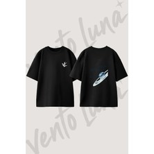 Planet Saturn Tasarım Sırt Baskılı Pamuk Siyah Oversize T-Shirt