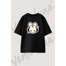 Kulaklıklı Tavşan 6 Tasarım Baskılı Unisex Oversize Kalıp Siyah Tshirt
