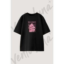 Colosseum Rome Tasarım Baskılı Unisex Oversize Kalıp Siyah Tshirt
