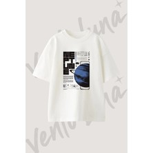 Neptune Tasarım Baskılı Unisex Oversize Kalıp Beyaz Tshirt