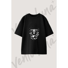Rune Boga Dunya Tasarım Baskılı Unisex Oversize Kalıp Siyah Tshirt