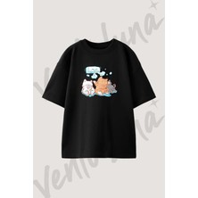 Kediler Klima Tasarım Baskılı Unisex Oversize Kalıp Siyah Tshirt