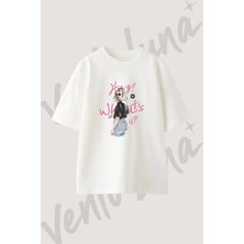 Fashion Illustration Tasarım Baskılı Unisex Oversize Kalıp Beyaz Tshirt