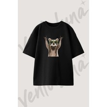 Rakun Rock Gozluk Tasarım Baskılı Unisex Oversize Kalıp Siyah Tshirt