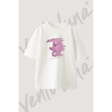 Pink Rabbit Tasarım Baskılı Unisex Oversize Kalıp Beyaz Tshirt