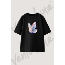 Cam Yanardoner Kelebek Tasarım Baskılı Unisex Oversize Kalıp Siyah Tshirt