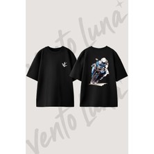 Motosiklet Yarisci Tasarım Sırt Baskılı Pamuk Siyah Oversize T-Shirt
