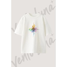 Compass Watercolor Tasarım Baskılı Unisex Oversize Kalıp Beyaz Tshirt