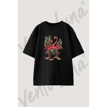 Flamingo Sanat Tasarım Baskılı Unisex Oversize Kalıp Siyah Tshirt