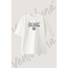 Line Art Nature Tasarım Baskılı Unisex Oversize Kalıp Beyaz Tshirt