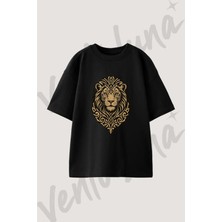 Lion Tribal Tasarım Baskılı Unisex Oversize Kalıp Siyah Tshirt