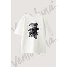 Plague Doctor Tasarım Baskılı Unisex Oversize Kalıp Beyaz Tshirt