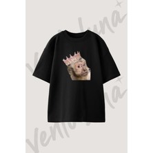 Queen Monkey Tasarım Baskılı Unisex Oversize Kalıp Siyah Tshirt
