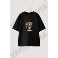 Palmiye Sorftahasi Tasarım Baskılı Unisex Oversize Kalıp Siyah Tshirt