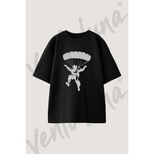 Parasutcu_1 Tasarım Baskılı Unisex Oversize Kalıp Siyah Tshirt