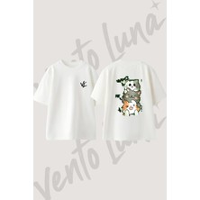 Cat Stack Tasarım Sırt Baskılı Pamuk Beyaz Oversize T-Shirt