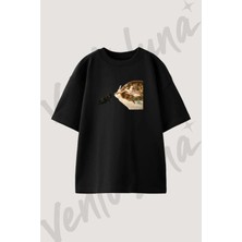 Yaratilis Kedi Tasarım Baskılı Unisex Oversize Kalıp Siyah Tshirt