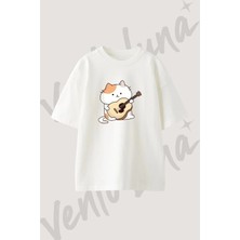 Cat Guitar Tasarım Baskılı Unisex Oversize Kalıp Beyaz Tshirt
