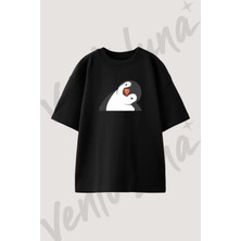 Penguin Tasarım Baskılı Unisex Oversize Kalıp Siyah Tshirt