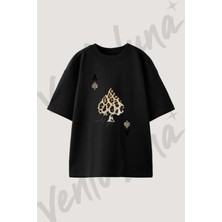 Leopard Spade Tasarım Baskılı Unisex Oversize Kalıp Siyah Tshirt
