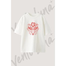Flamingo Hibiskus Tasarım Baskılı Unisex Oversize Kalıp Beyaz Tshirt